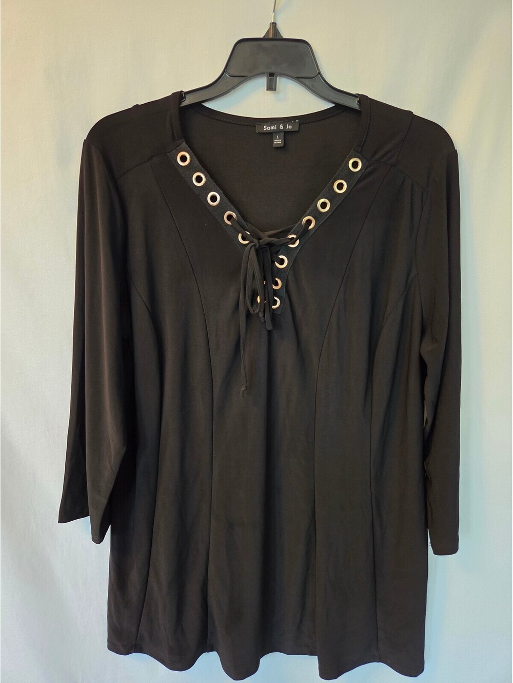 Sami & Jo Black Lace-Up V-Neck Long Sleeve Top Size Large